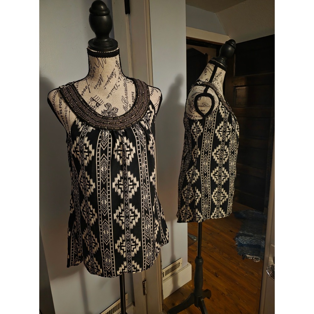 Maurices Womens Small Black White Tribal Geometric Beaded Neck Tank Top Boho